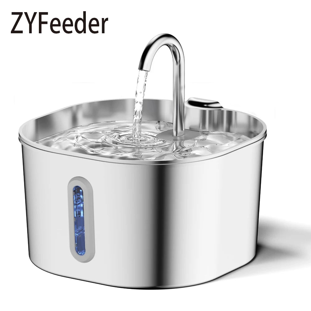 ZYFeeder 2.2L Stainless Steel Cat Water Fountain with Window