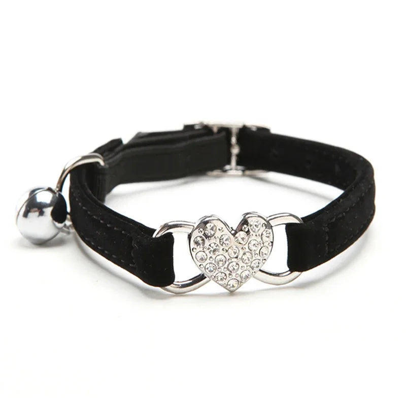 Heart Charm Cat Collar - Safety Elastic with Bell & Soft Velvet (8 Colors)