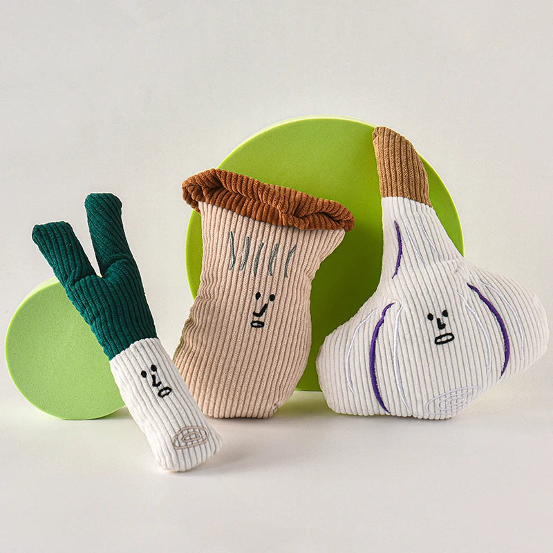 Plush Vegetable Dog Toys - Squeaky Onion, Mushroom & Garlic Set