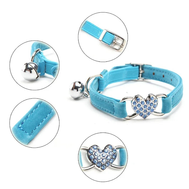 Heart Charm Cat Collar - Safety Elastic with Bell & Soft Velvet (8 Colors)