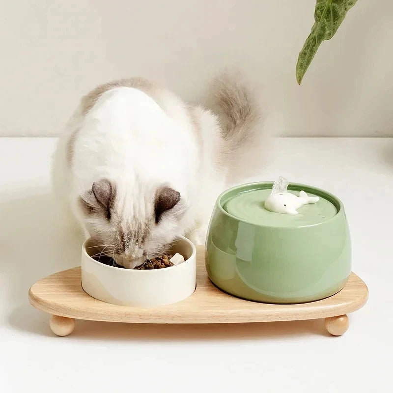 1.3L Ceramic Cat Water Fountain - USB Charging with Filtration