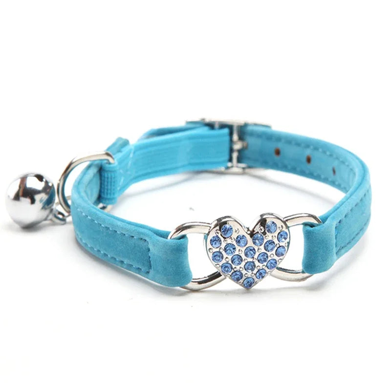 Heart Charm Cat Collar - Safety Elastic with Bell & Soft Velvet (8 Colors)