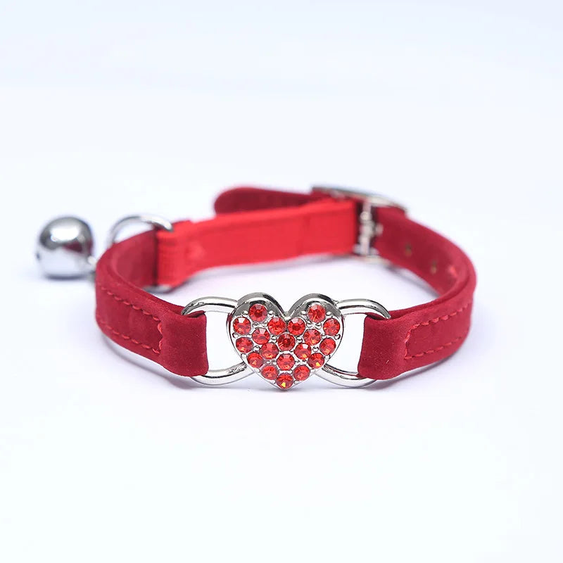 Heart Charm Cat Collar - Safety Elastic with Bell & Soft Velvet (8 Colors)