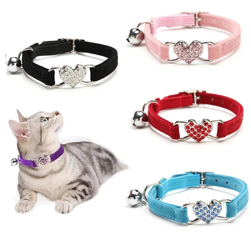 Heart Charm Cat Collar - Safety Elastic with Bell & Soft Velvet (8 Colors)