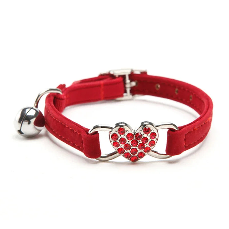 Heart Charm Cat Collar - Safety Elastic with Bell & Soft Velvet (8 Colors)