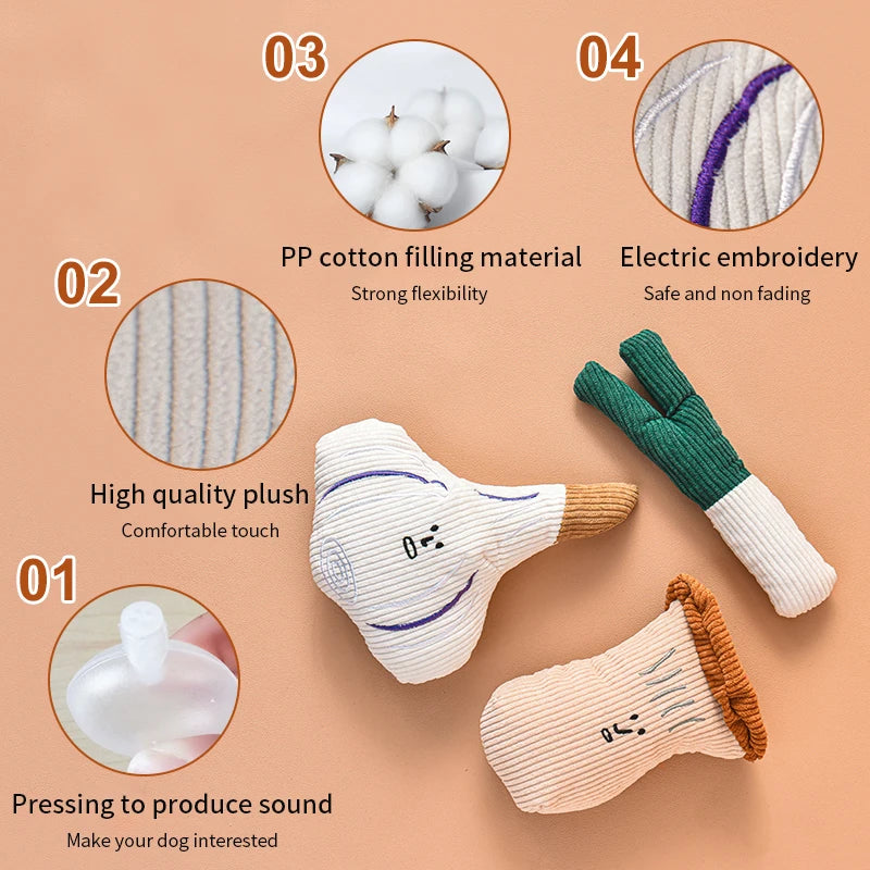 Plush Vegetable Dog Toys - Squeaky Onion, Mushroom & Garlic Set