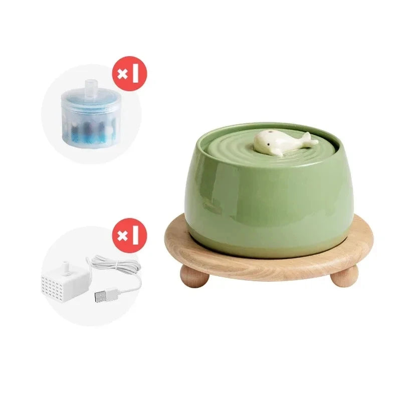 1.3L Ceramic Cat Water Fountain - USB Charging with Filtration