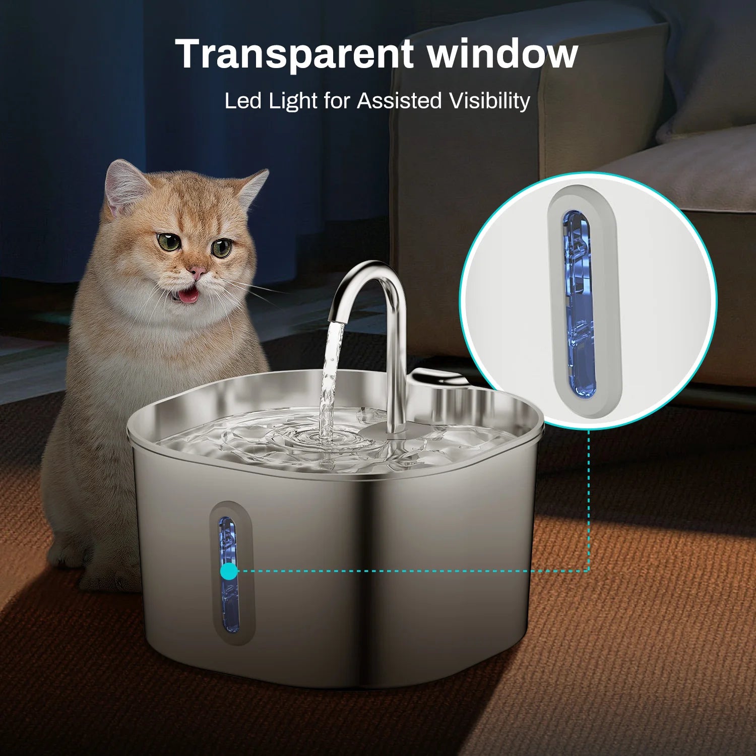 ZYFeeder 2.2L Stainless Steel Cat Water Fountain with Window