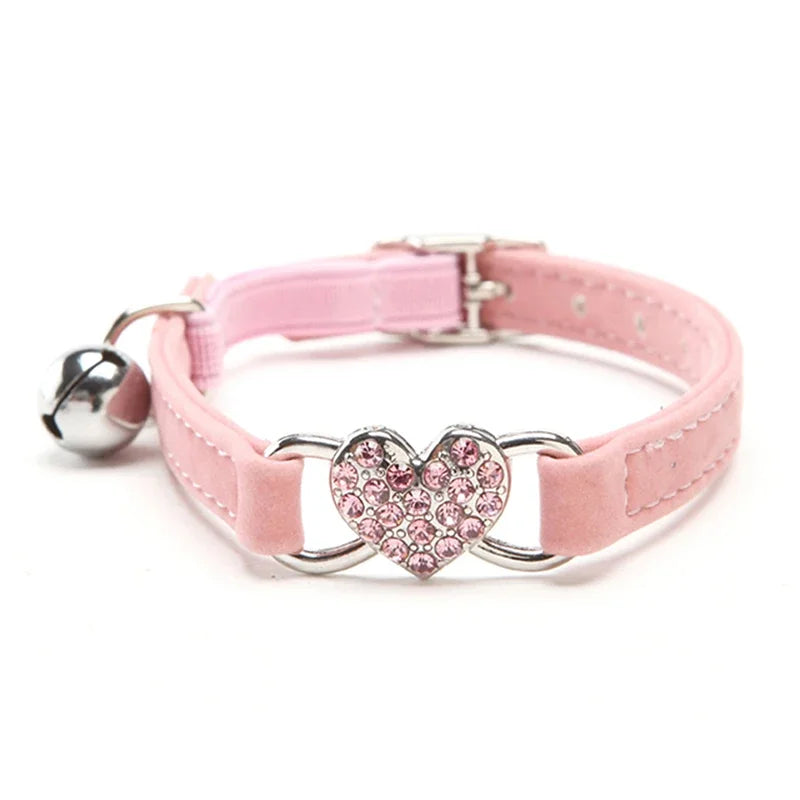 Heart Charm Cat Collar - Safety Elastic with Bell & Soft Velvet (8 Colors)