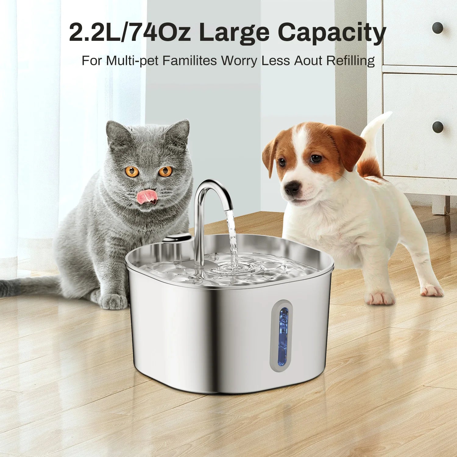ZYFeeder 2.2L Stainless Steel Cat Water Fountain with Window
