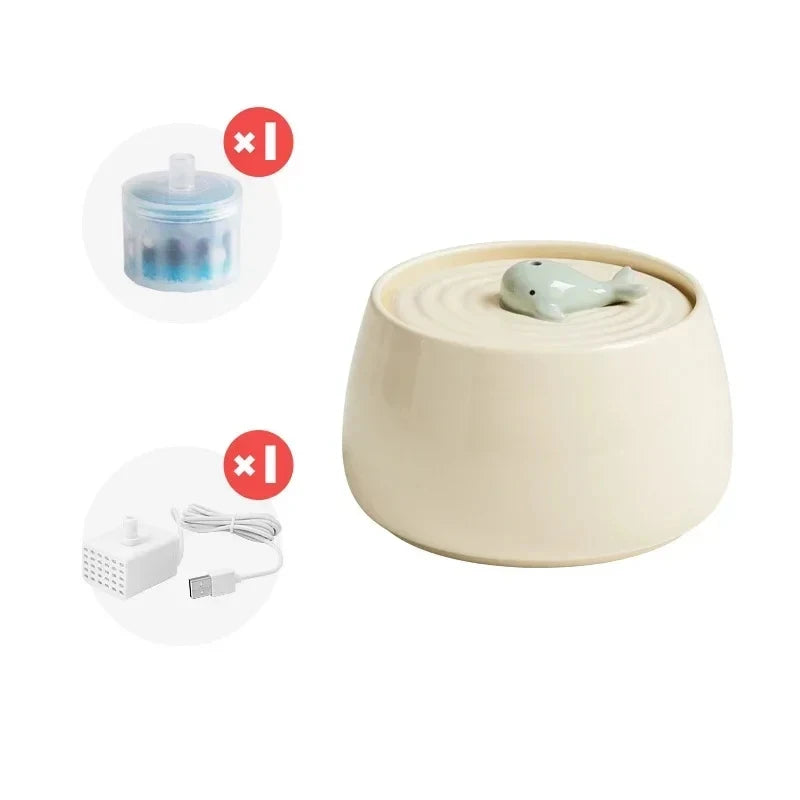1.3L Ceramic Cat Water Fountain - USB Charging with Filtration
