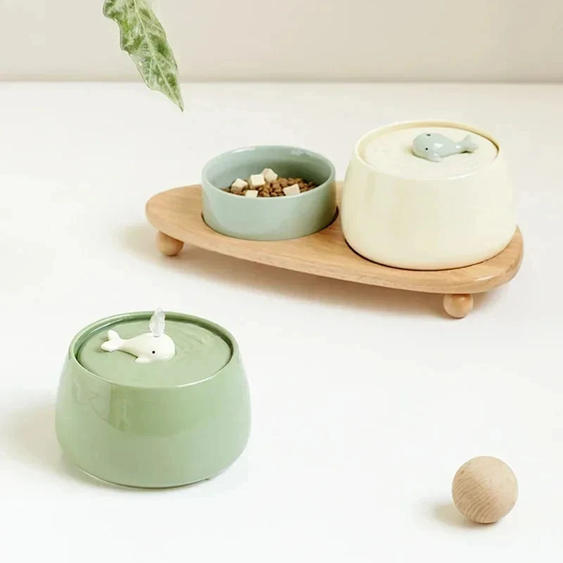 1.3L Ceramic Cat Water Fountain - USB Charging with Filtration