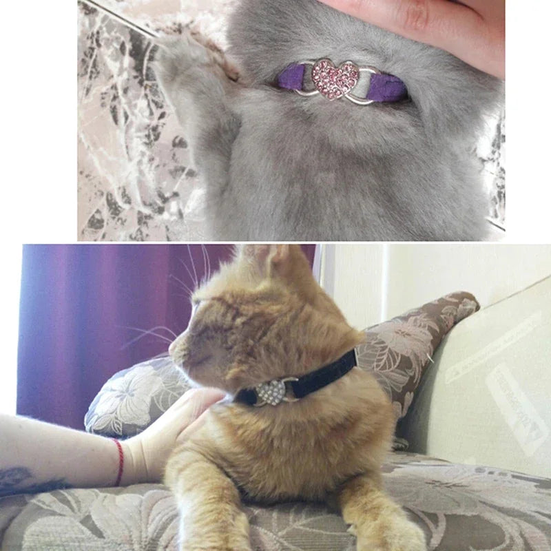 Heart Charm Cat Collar - Safety Elastic with Bell & Soft Velvet (8 Colors)