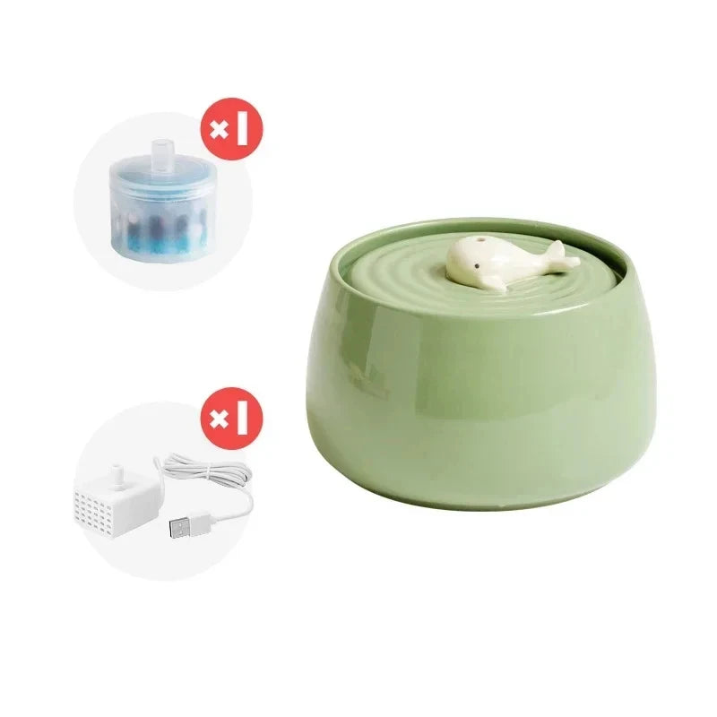 1.3L Ceramic Cat Water Fountain - USB Charging with Filtration