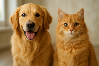Realistic pets - golden retriever and orange tabby cat